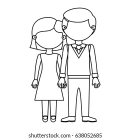 sketch silhouette faceless couple woman with short hair and man with bowtie and taken hands vector illustration