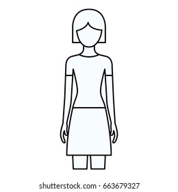 sketch silhouette of faceless front view woman with skirt and short hairstyle vector illustration