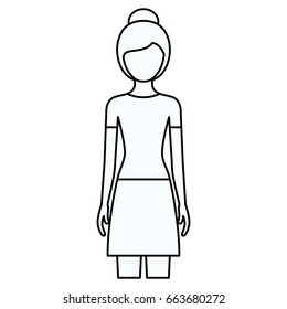 sketch silhouette of faceless front view woman with skirt and collected hairstyle vector illustration