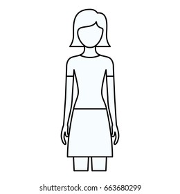 sketch silhouette of faceless front view woman with skirt and short straight hairstyle vector illustration