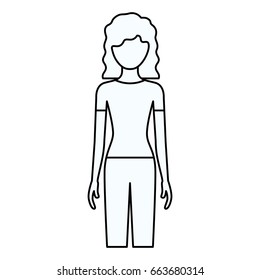 sketch silhouette of faceless front view woman with pants and curly hair vector illustration