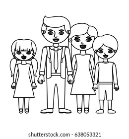 sketch silhouette family group with parents in formal suit and children in dress and shorts vector illustration