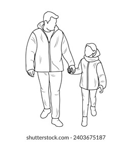 Sketch silhouette of father and daughter walking on foot holding hands, isolated vector
