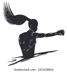 Sketch - Silhouette Of A Female Boxer - Punch  - Isolated On White Background - Vector