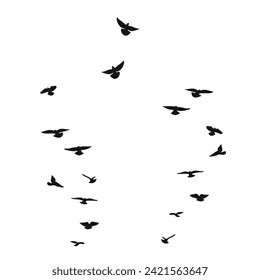 Sketch silhouette of a flock of flying black birds. Doves, pigeons, raven, crow, gull, seagull, sparrow, isolated vector