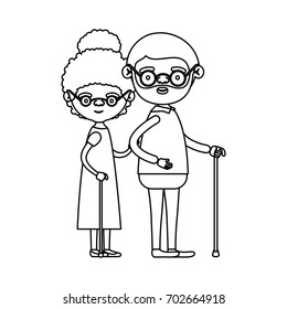 sketch silhouette full body couple elderly in walking stick of grandmother with curly collected hair in dress and grandfather with beard and glasses vector illustration