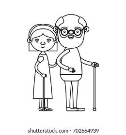 sketch silhouette full body couple elderly in walking stick of grandmother with straight short hair in dress and grandfather with beard vector illustration