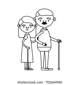 sketch silhouette full body couple elderly in walking stick of grandmother with straight medium hair in dress and grandfather with moustache vector illustration
