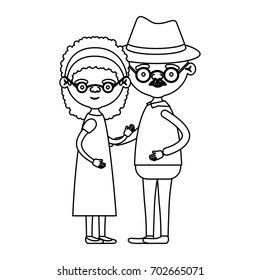 sketch silhouette full body couple elderly of grandmother with curly medium hair in dress with grandfather with hat and moustache vector illustration