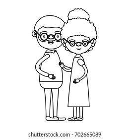 sketch silhouette full body couple elderly of bearded grandfather with glassses and grandmother with curly collected hair in dress vector illustration