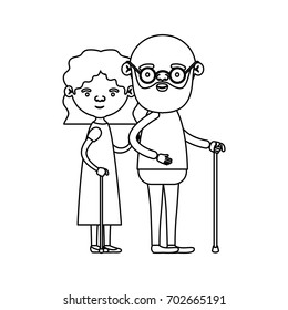 sketch silhouette full body couple elderly in walking stick of grandmother with wavy hair in dress and bald bearded grandfather with glasses vector illustration