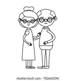 sketch silhouette full body couple elderly of grandmother with collected hair in dress and bald grandfather with glasses vector illustration