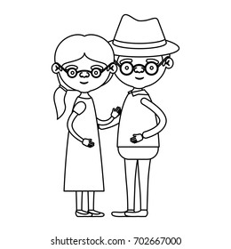 sketch silhouette full body couple elderly of grandmother with ponytail side hair in dress with grandfather with hat and glasses vector illustration