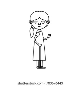 sketch silhouette of full body elderly woman in walking stick with dress and ponytail side hairstyle vector illustration