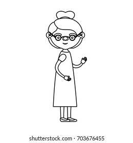 sketch silhouette of full body elderly woman in dress with collected hairstyle and glasses vector illustration