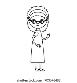 sketch silhouette of full body elderly woman in dress with bow lace and curly hairstyle with glasses vector illustration