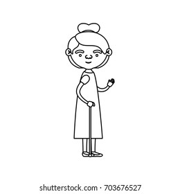 sketch silhouette of full body elderly woman in walking stick with dress and collected hairstyle vector illustration