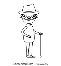 sketch silhouette of full body elderly man in walking stick with moustache and hat with glasses vector illustration