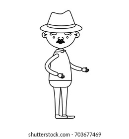 sketch silhouette of full body elderly man in clothes with moustache and hat vector illustration