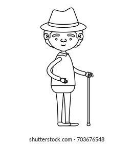sketch silhouette of full body grandfather in walking stick with curly hair vector illustration