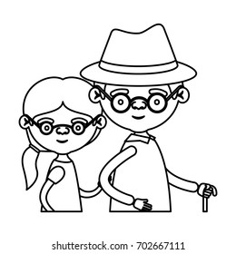 sketch silhouette half body couple elderly of grandmother with glasses and ponytail side hair with grandfather with hat vector illustration