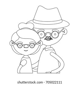 sketch silhouette of half body couple elderly of grandmother with glasses and bun hair with grandfather with hat and moustache vector illustration
