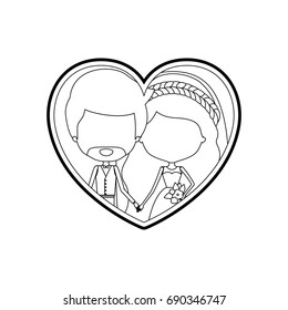 sketch silhouette heart shape with caricature faceless newly married couple bearded groom with formal wear and bride with wavy long hairstyle and holdings hands vector illustration