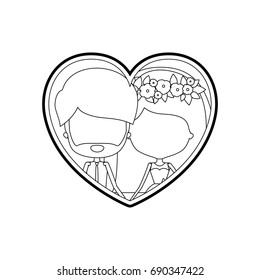 sketch silhouette heart shape with caricature faceless newly married couple bearded groom with formal wear and bride with straight medium hairstyle and holdings hands vector illustration