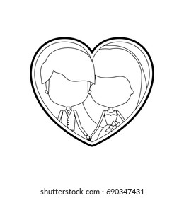 sketch silhouette heart shape with caricature faceless newly married couple young groom with formal wear and bride with long hairstyle and holdings hands vector illustration