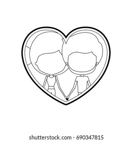 sketch silhouette heart shape with caricature faceless couple bearded man and woman side bun hairstyle inside holding hands vector illustration