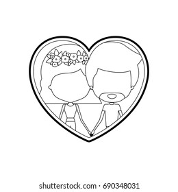 sketch silhouette heart shape with caricature faceless couple man and woman with wavy short hairstyle and flower crown inside holding hands vector illustration