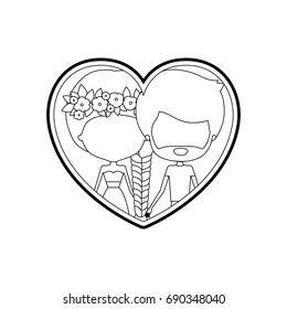 sketch silhouette heart shape with caricature faceless couple man and woman with braid and flower crown in hair inside holding hands vector illustration