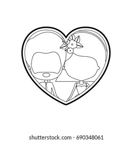 sketch silhouette heart shape with caricature faceless couple bearded man and woman with short hairstyle and flower crown inside holding hands vector illustration