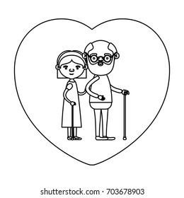 sketch silhouette of heart shape greeting card with caricature full body elderly couple embraced grandfather in walking stick and grandmother with bow lace and straight hair vector illustration