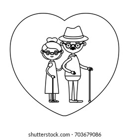 sketch silhouette of heart shape greeting card with caricature full body elderly couple embraced grandfather with hat and moustache in walking stick and grandmother with collected hair vector