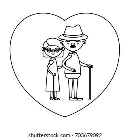 sketch silhouette of heart shape greeting card with caricature full body elderly couple embraced grandfather with hat and moustache in walking stick and grandmother with short hair vector illustration