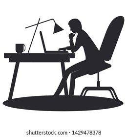 Sketch - silhouette of a man sitting at a table with a computer - isolated on white background - vector. Education concept. Social networks. Freelancer. Blogger
