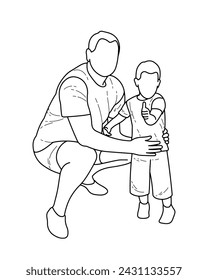 Sketch silhouette of man squatting and boy, father and son, uncle and nephew, isolated vector