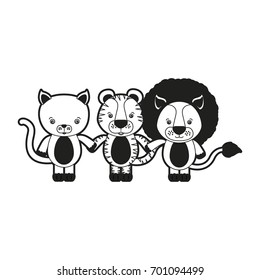 sketch silhouette monochrome caricature cat tiger and lion cute animals holding hand vector illustration