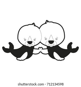 sketch silhouette monochrome caricature couple cute animal seals aquatic vector illustration