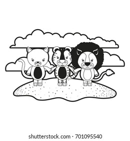 sketch silhouette monochrome scene cat tiger and lion cute animals holding hands in grass vector illustration