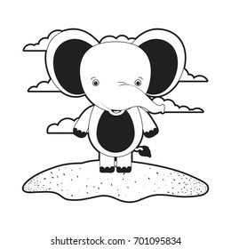 sketch silhouette monochrome scene cute elephant animal in grass vector illustration