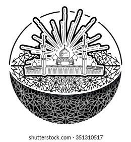 Sketch Silhouette of mosque with minarets with Arabian style Ornament in a sphere. Concept for Islamic Muslim holiday for Mawlid birthday of prophet Muhammad, holy month of Ramadan Kareem, Eid Mubarak