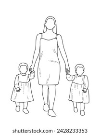 Sketch silhouette of mother with twins, family walk, isolated vector