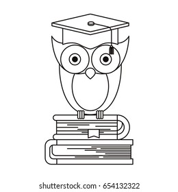 sketch silhouette of owl knowledge with cap graduation on stack of books vector illustration