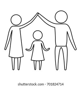 sketch silhouette of pictogram parents holding hands up an girl in the middle of them vector illustration
