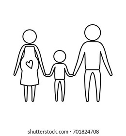 sketch silhouette of pictogram parents with mother pregnancy and boy holding hands vector illustration