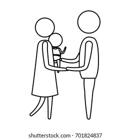 sketch silhouette of pictogram woman carrying a baby and holding hands of man in clothes vector illustration