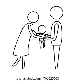sketch silhouette of pictogram woman and man holding a baby in her hands with clothes vector illustration