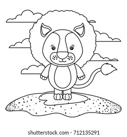 sketch silhouette scene cute lion animal in grass vector illustration